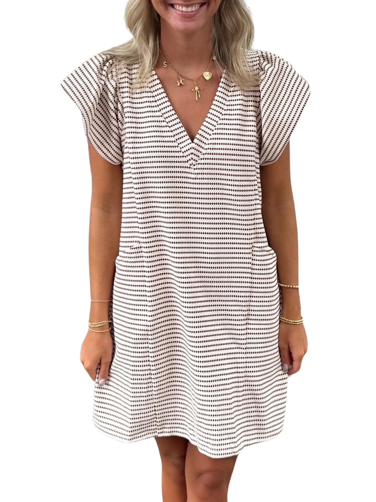 Mieazom Striped V-Neck Mini Dress for Women Puff Sleeve Casual Dress with Pockets, Comfortable & Stylish for Summer