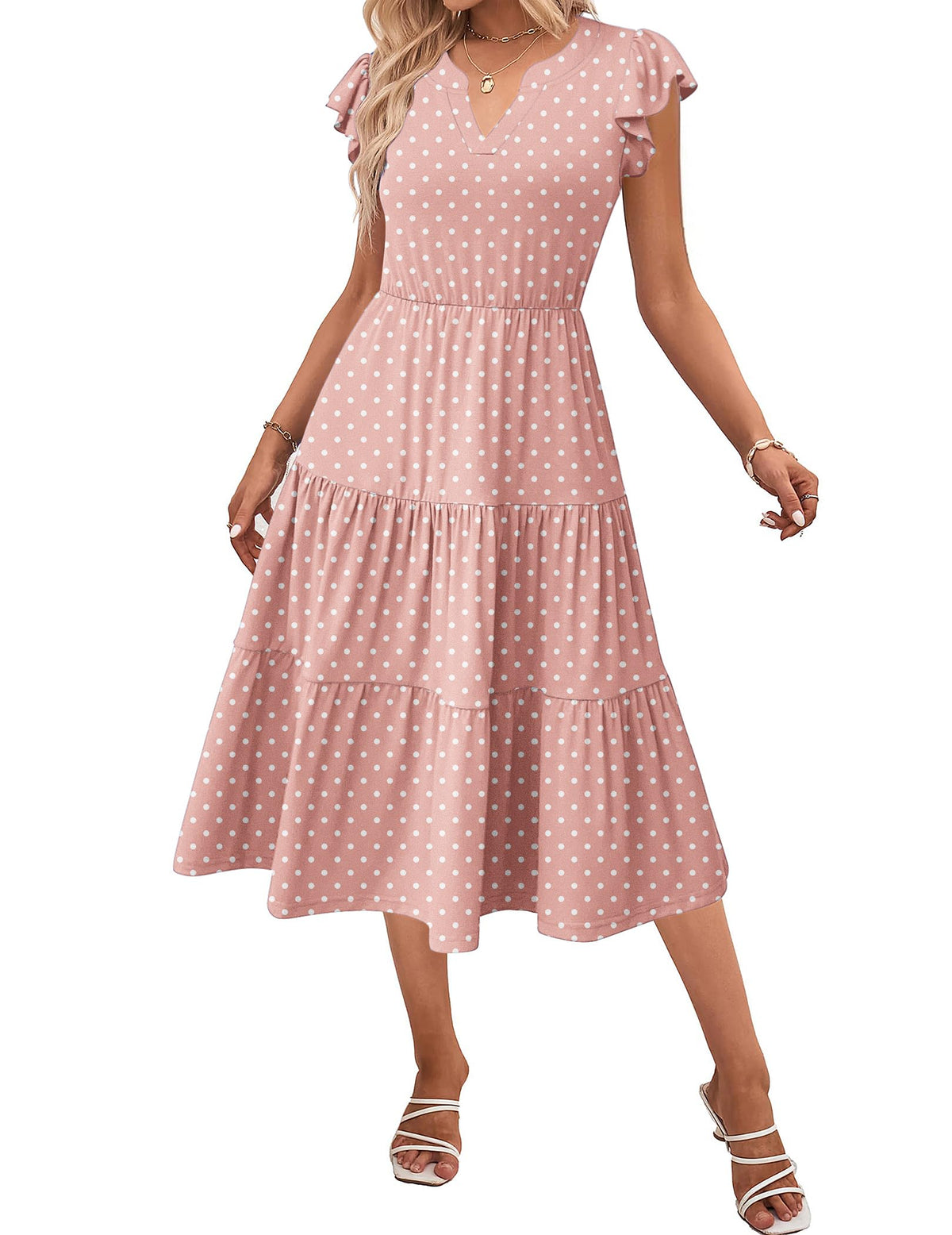 ZEAGOO Womens Summer Casual Dresses Ruffle Sleeve V Neck Midi Dress Flowy Tiered Dress with Pockets Boho Sundresses