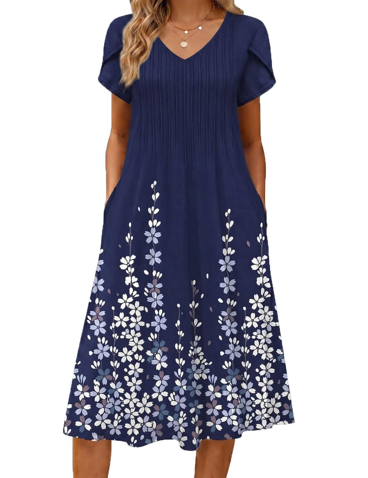 Zeagoo Womens Casual Summer Dress 2026 Short Sleeve Dresses Pleats Midi A Line Flowy Dress Boho Beach Sundress with Pockets