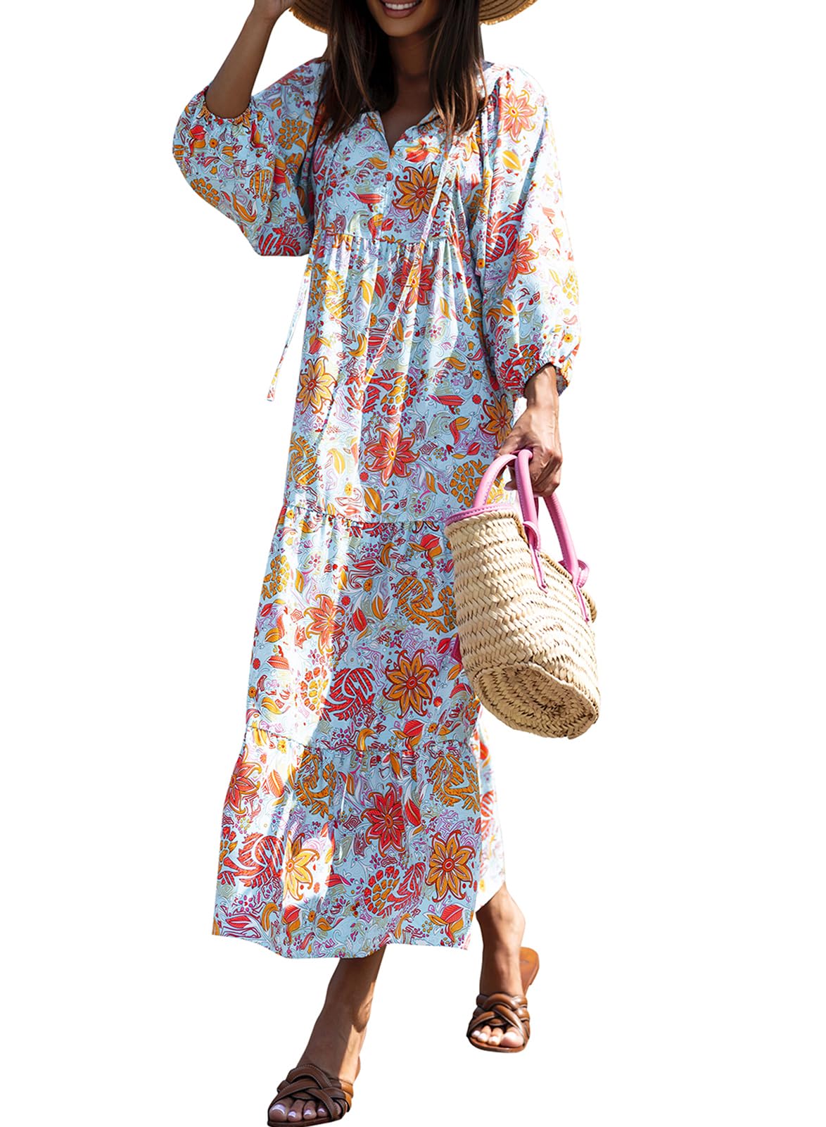 miduo Womens Casual V Neck Half Sleeve Bohemian Geometric Maxi Long Dresses