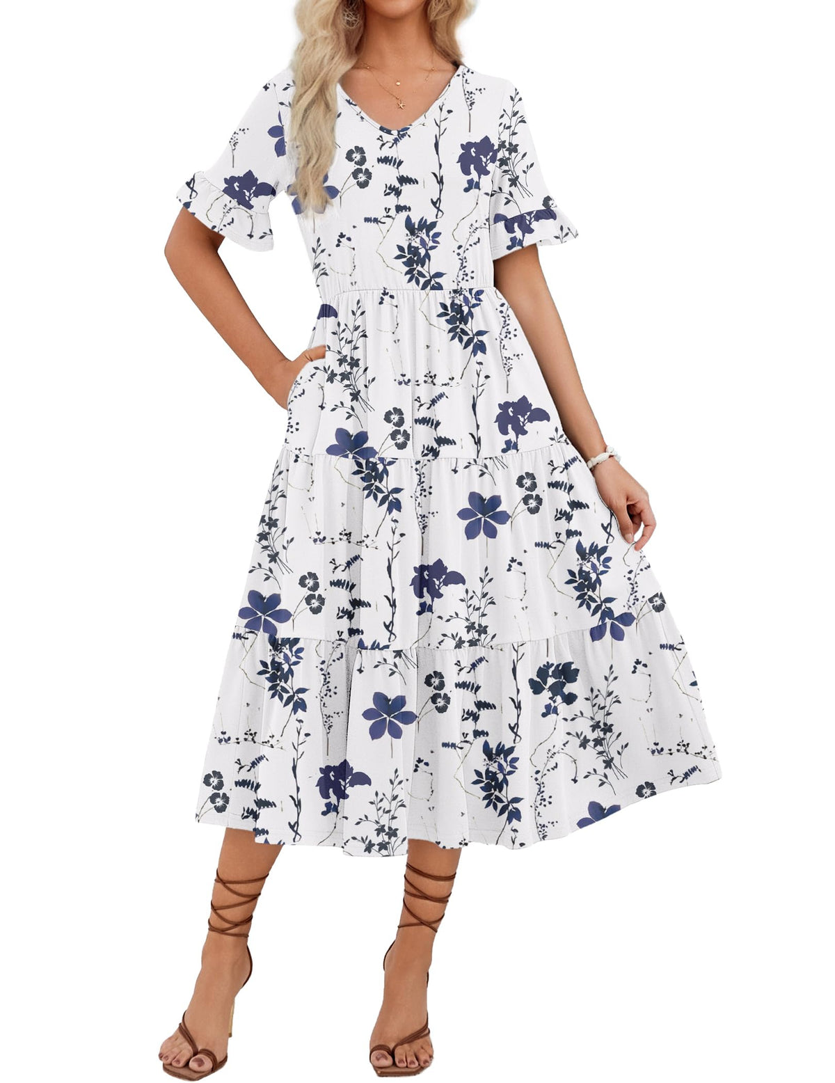 ZEAGOO Women's Summer Dresses Midi Tiered Casual Dress Floral V Neck Ruffle Short Sleeve Flowy Beach Dress with Pockets