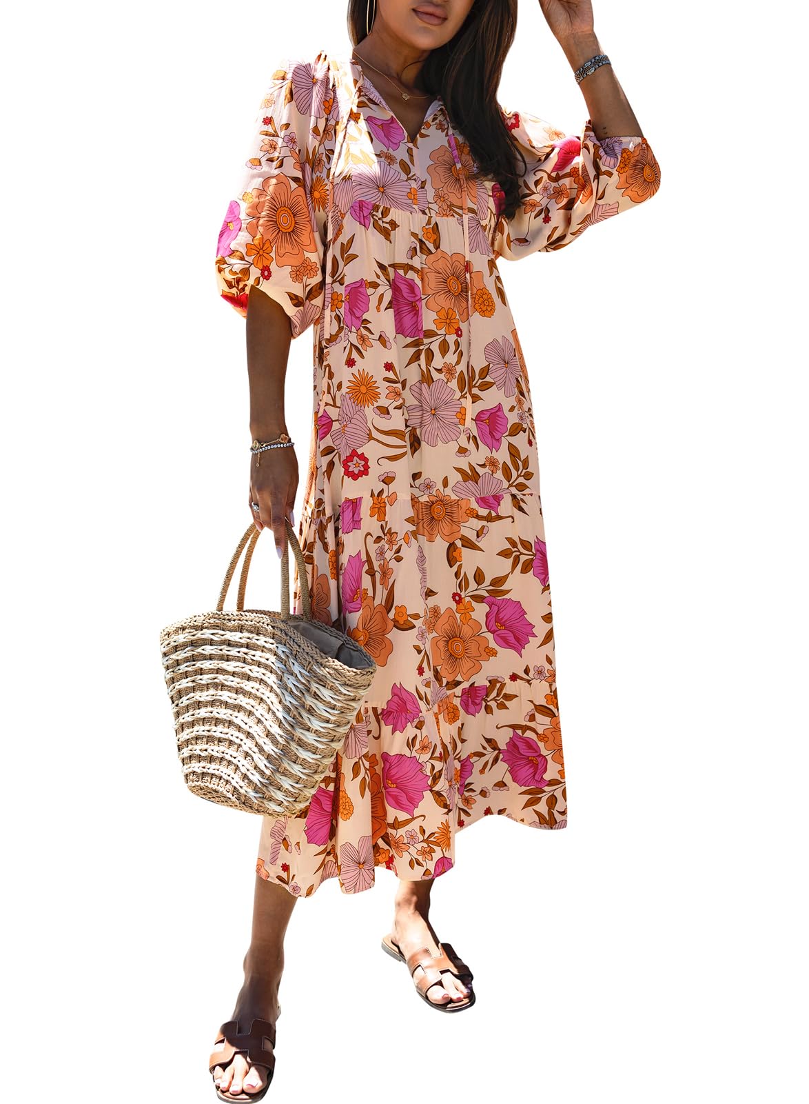 miduo Womens Casual V Neck Half Sleeve Bohemian Geometric Maxi Long Dresses