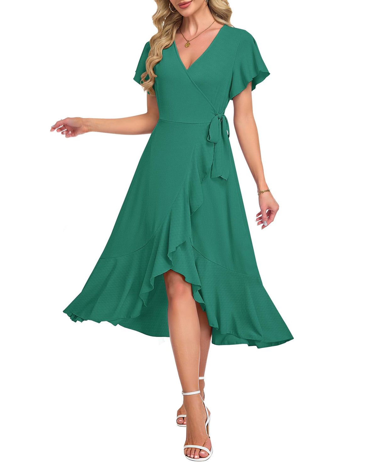 AUSELILY Women Summer Midi Dresses Wrap Short Flutter Sleeve Elegant Dress