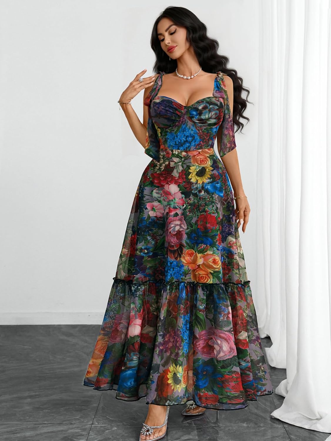 GothDark Women Floral Maxi Dress Ruffle Casual Wedding Guest Dresses