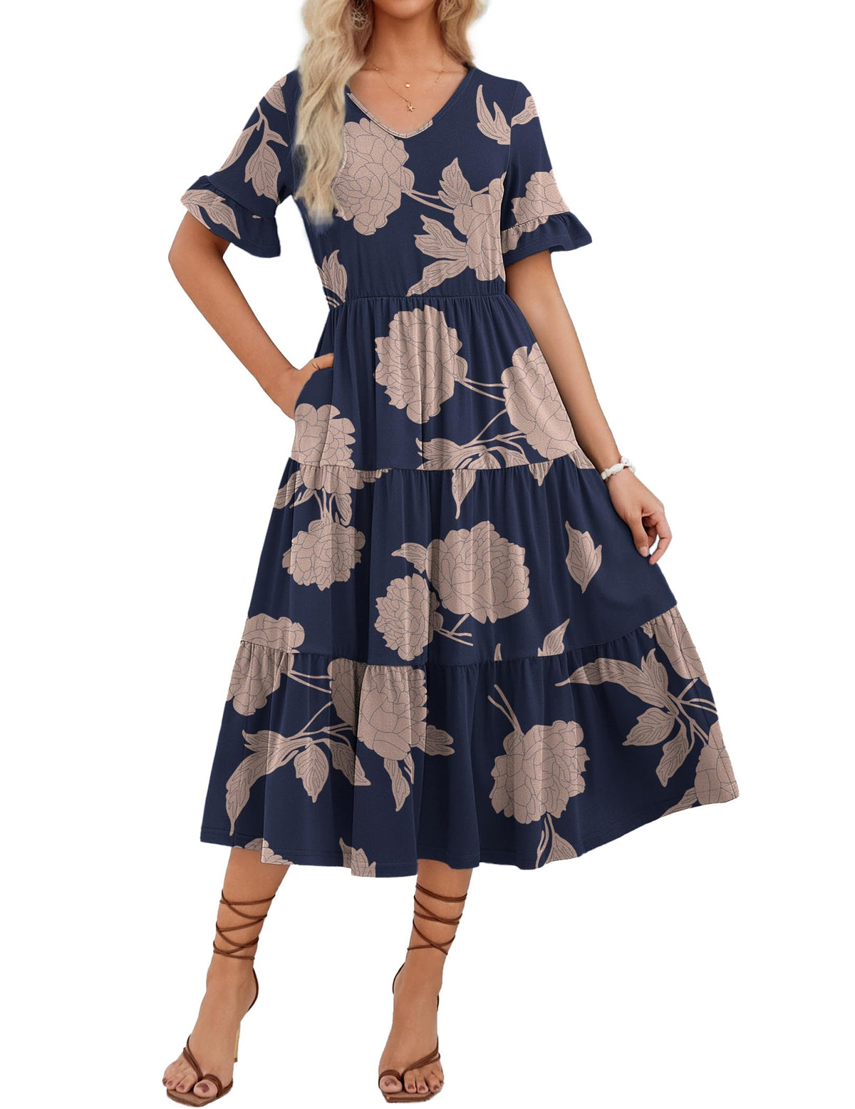 ZEAGOO Women's Summer Dresses Midi Tiered Casual Dress Floral V Neck Ruffle Short Sleeve Flowy Beach Dress with Pockets