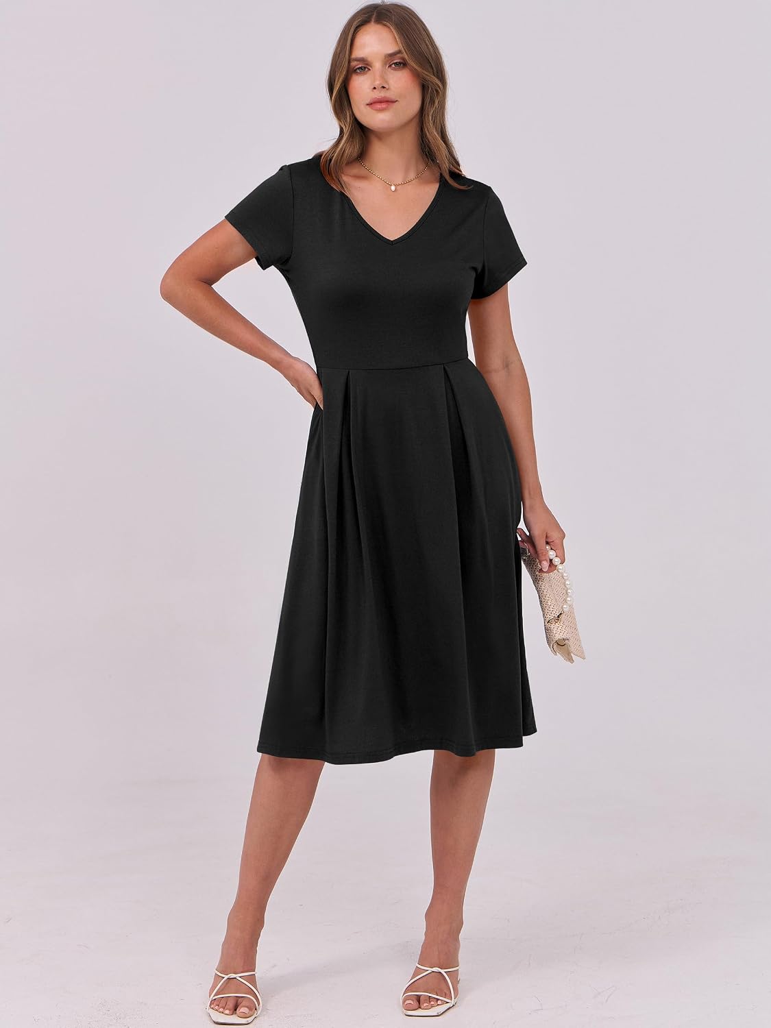 ANRABESS Women Summer Dress Casual Short Sleeve V Neck A-Line Knee Length Pleated Flowy 2026 Fashion Midi Dresses with Pocket