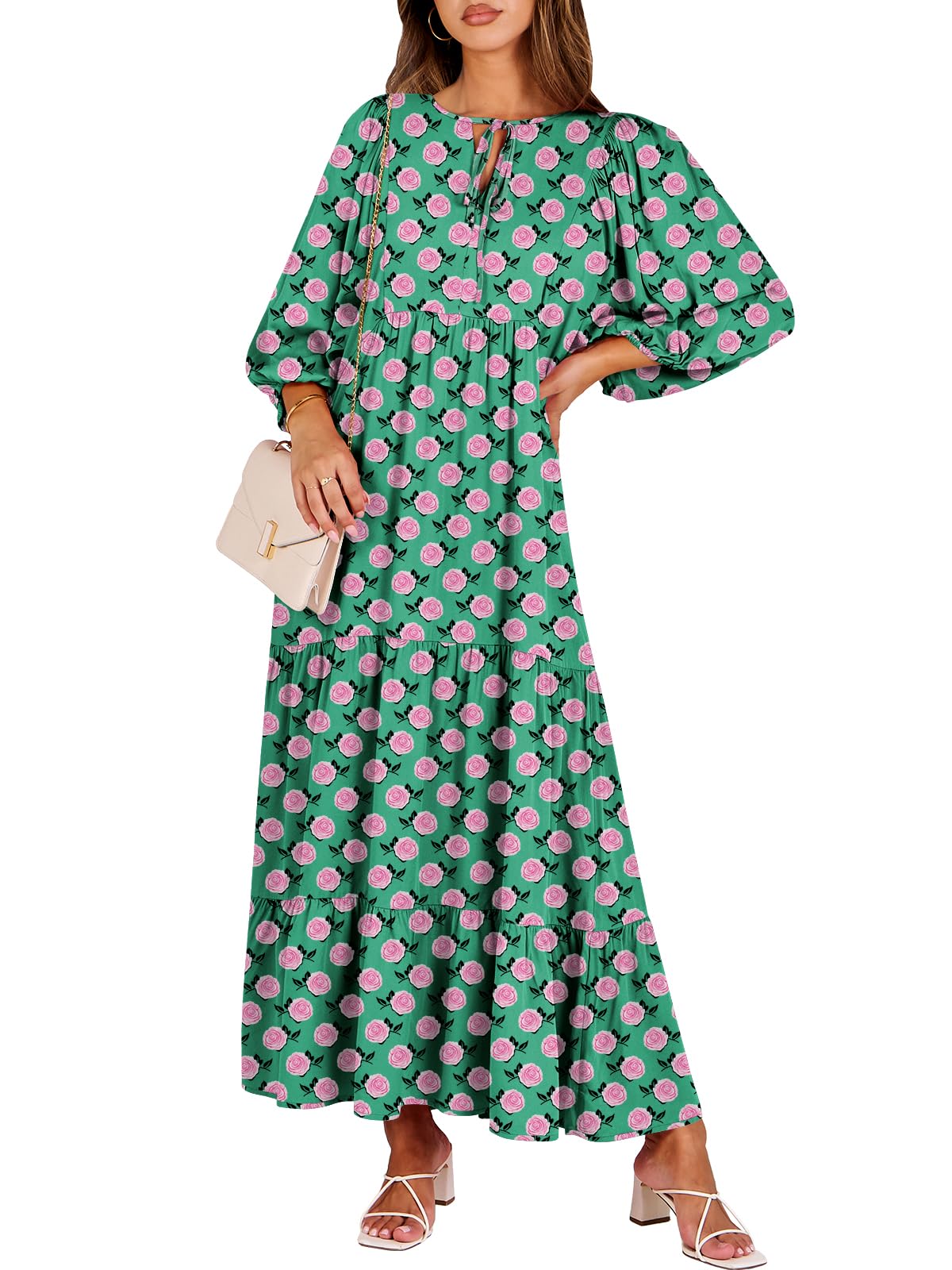ANRABESS Womens Boho Floral 3/4 Puff Sleeve Maxi Dress