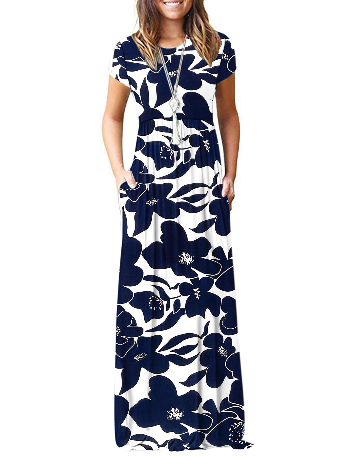 AUSELILY Women's Summer Short Sleeve Loose Plain Casual Long Maxi Dresses