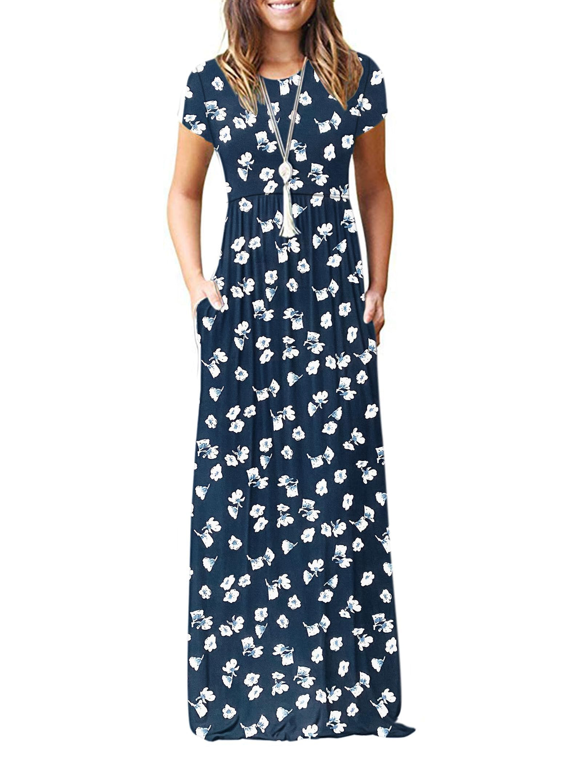 AUSELILY Women's Summer Short Sleeve Loose Plain Casual Long Maxi Dresses