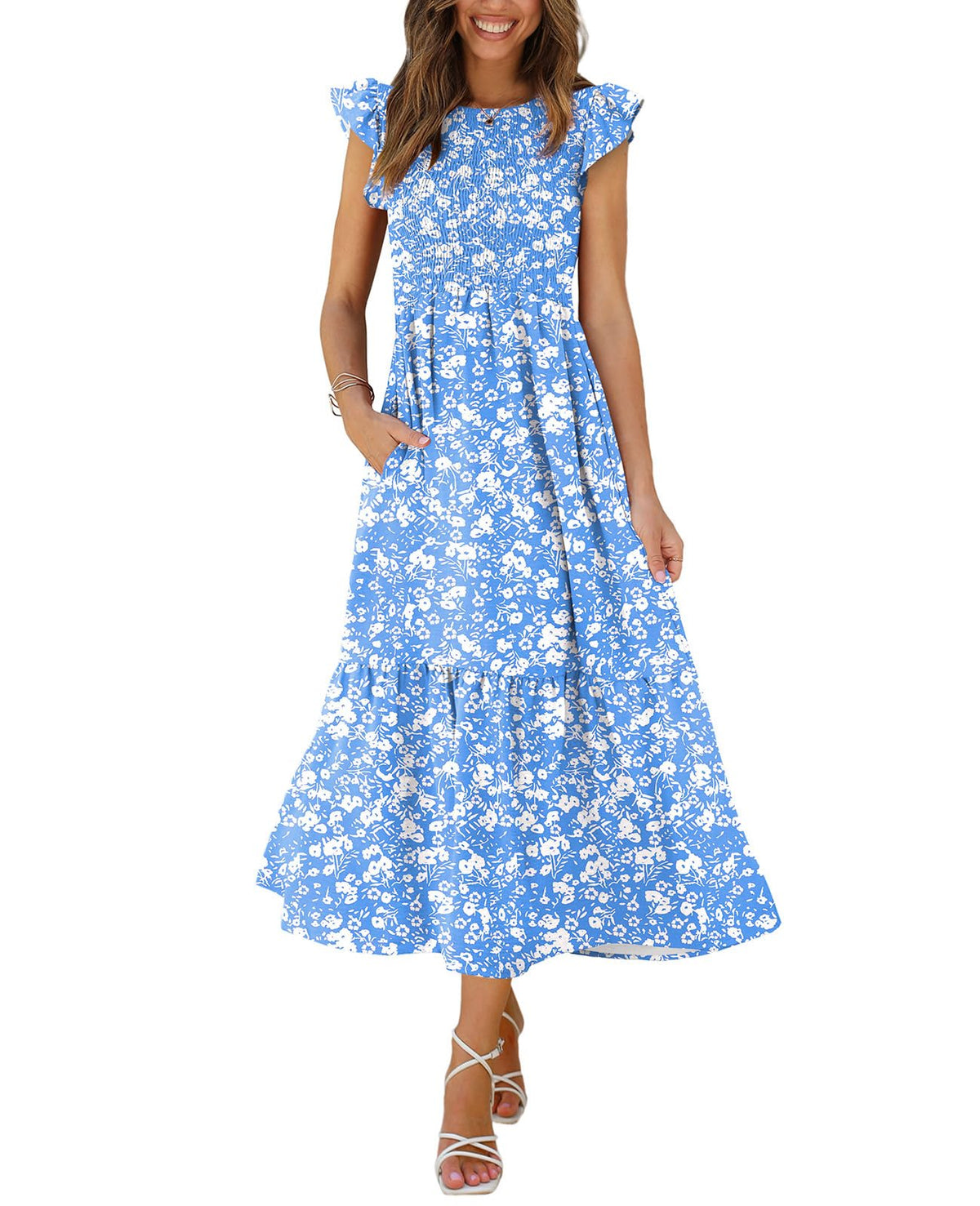 OFEEFAN Women's Casual Maxi Dresses with Pockets Ruffle Sleeve Smocked Dress XS-2XL