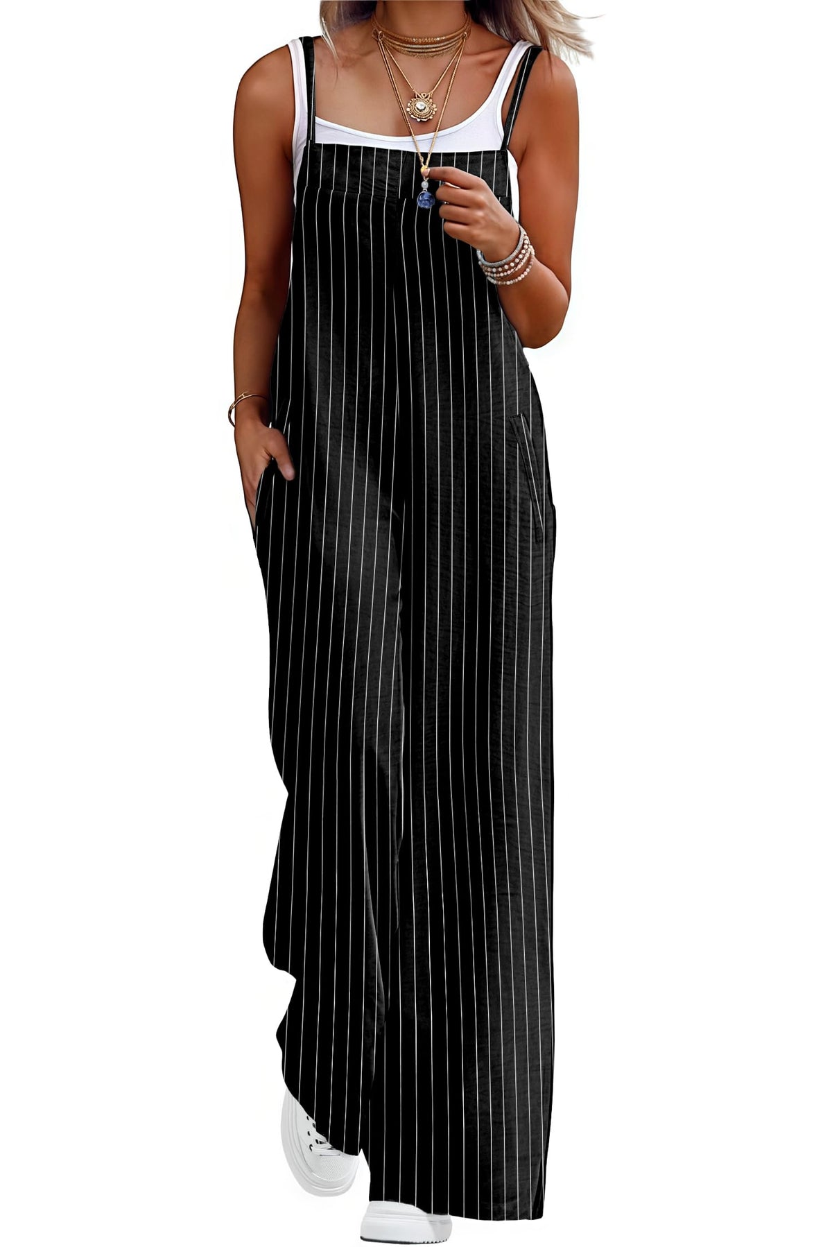 Lepunuo Womens Casual Loose Jumpsuits Summer Boho Wide Leg Rompers Sleeveless Overalls with Pockets