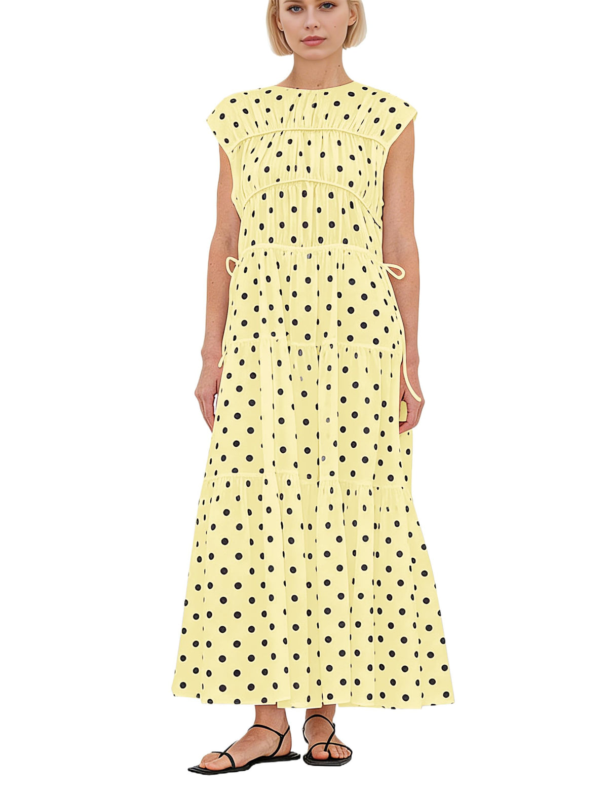 calbatic Women Pleated Ruched Tiered Maxi Dress Sleeveless Patchwork Ruffle Hem A Line Flowy Summer Elegant Long Dress