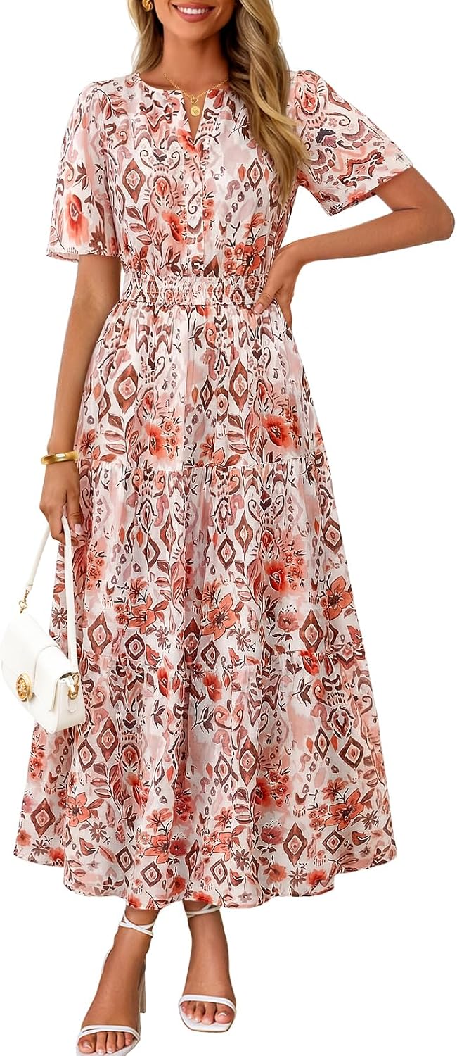 MEROKEETY Women's Summer Casual Floral Boho Short Sleeve Midi Maxi Dresses
