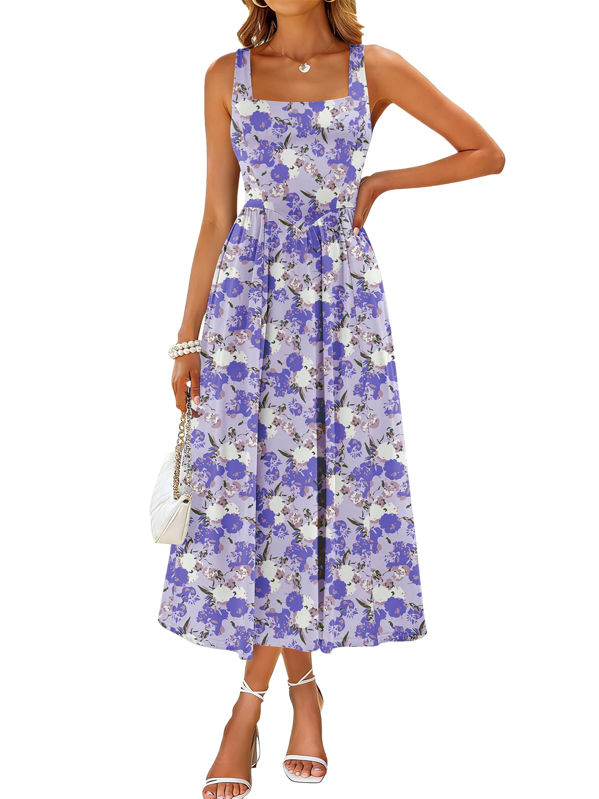 Sureple Midi Dresses for Women 2026 Spring Square Neck Tank Sleeveless A Line Casual Summer Sundresses with Pockets