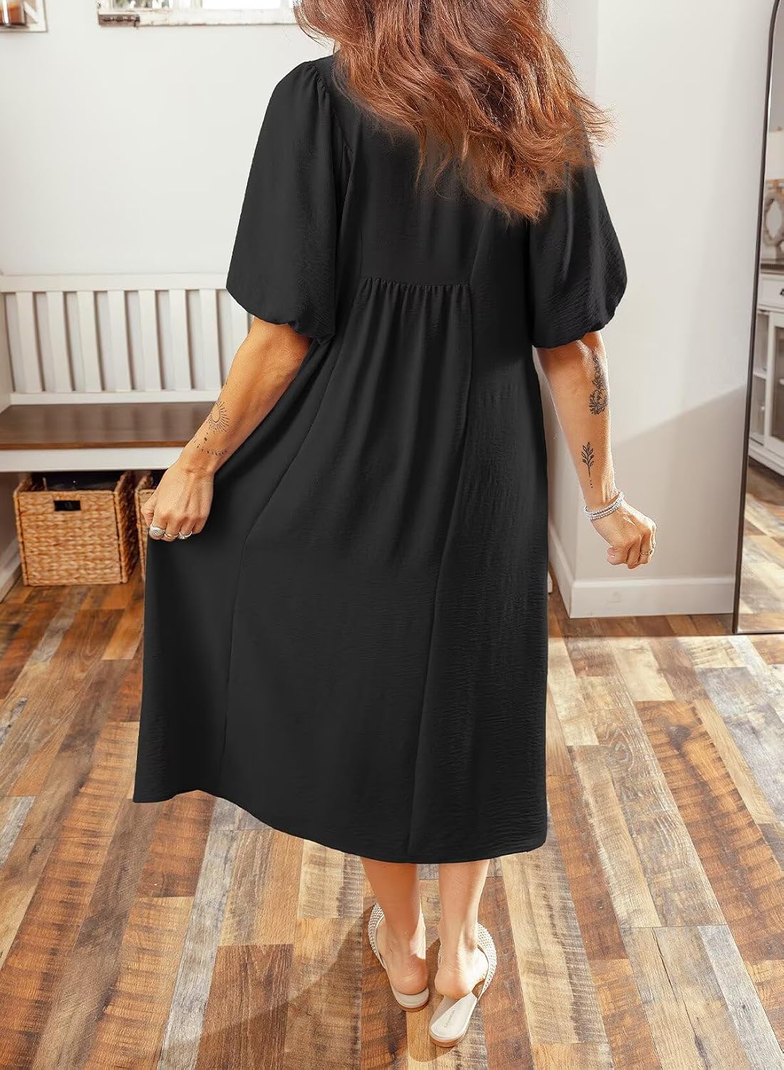 Dokotoo Summer Dresses for Women 2026 Casual Dresses V Neck Puff Sleeve Empire Waist A-Line Maxi Dress
