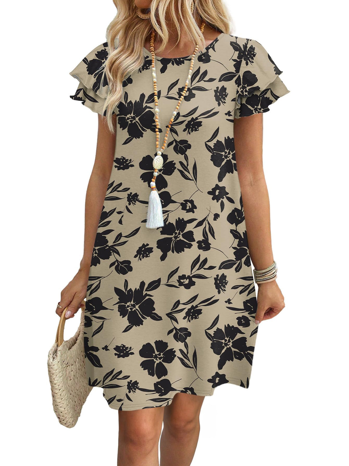 OFEEFAN Womens Summer Dresses 2026 Ruffle Sleeve Round Neck Loose Swing Sundresses with Pockets Plain/Print