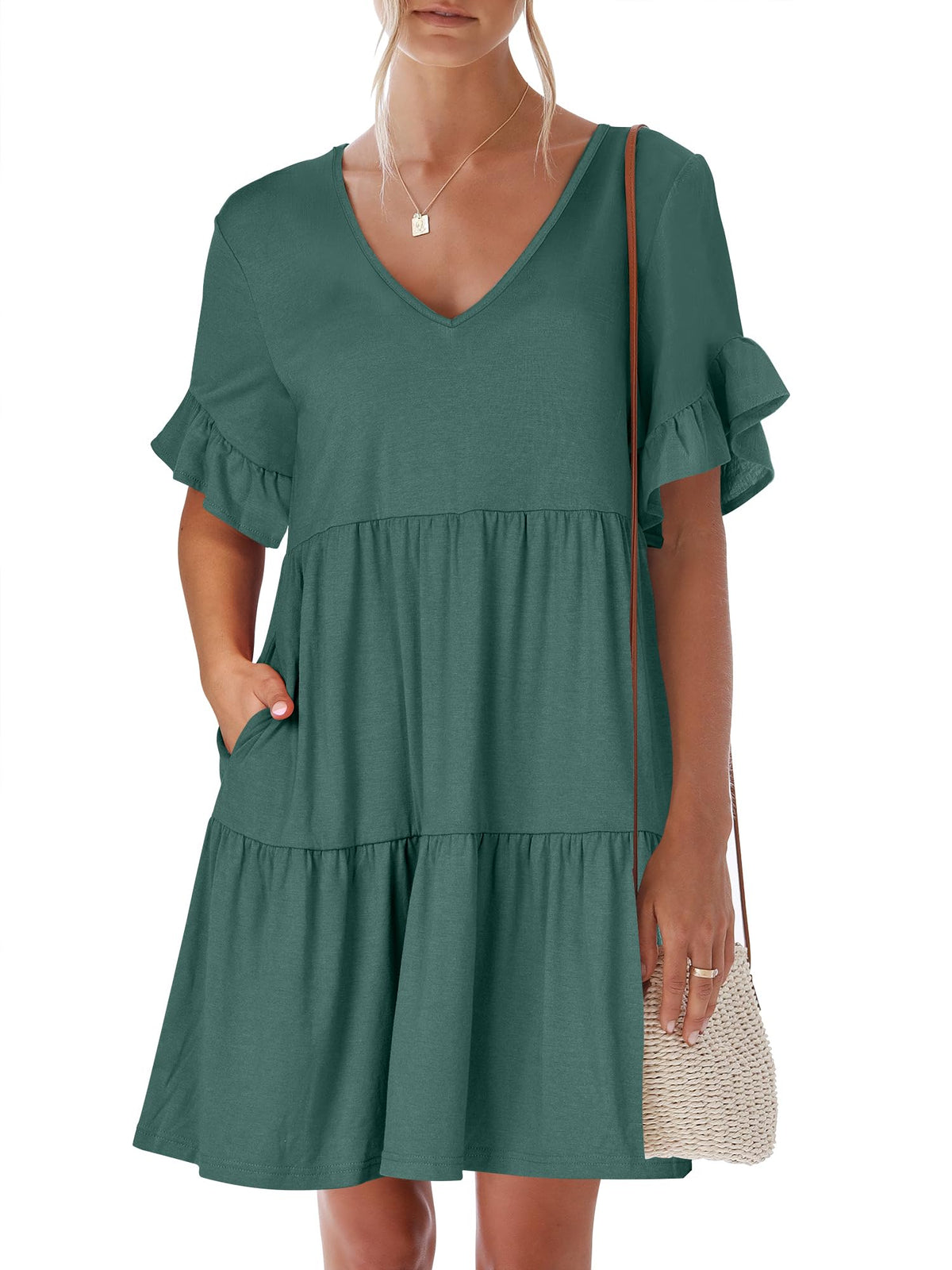 ANRABESS Dresses for Women Summer 2026 V Neck Ruffle Sleeve A Line Tiered Flowy Casual Trendy Mini Beach Dress with Pockets