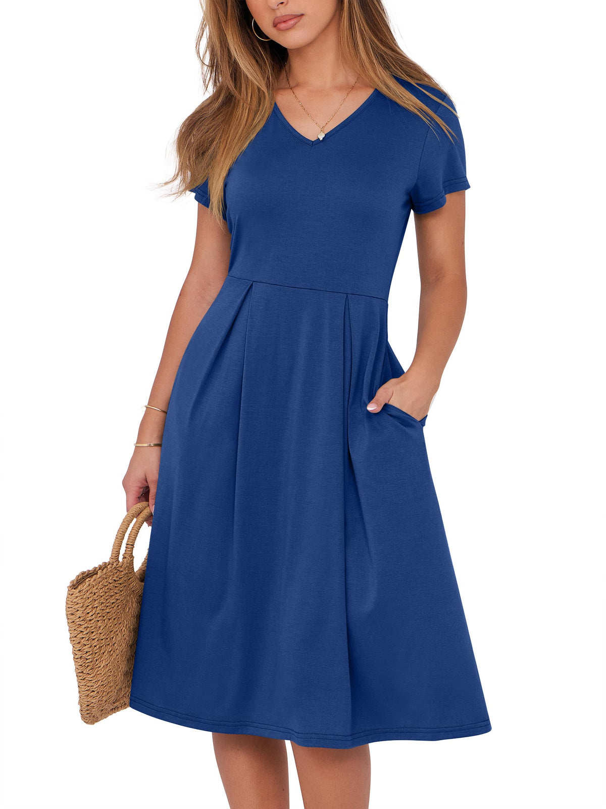 ANRABESS Women Summer Dress Casual Short Sleeve V Neck A-Line Knee Length Pleated Flowy 2026 Fashion Midi Dresses with Pocket