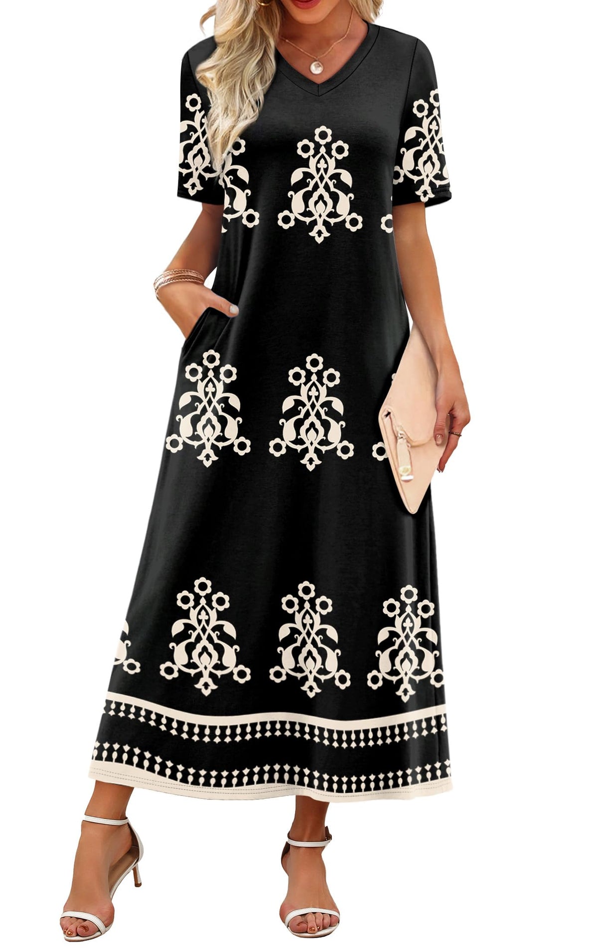 WIHOLL Women's Maxi Dresses V Neck Vacation Beach Sundresses Floral Travel Summer Dress