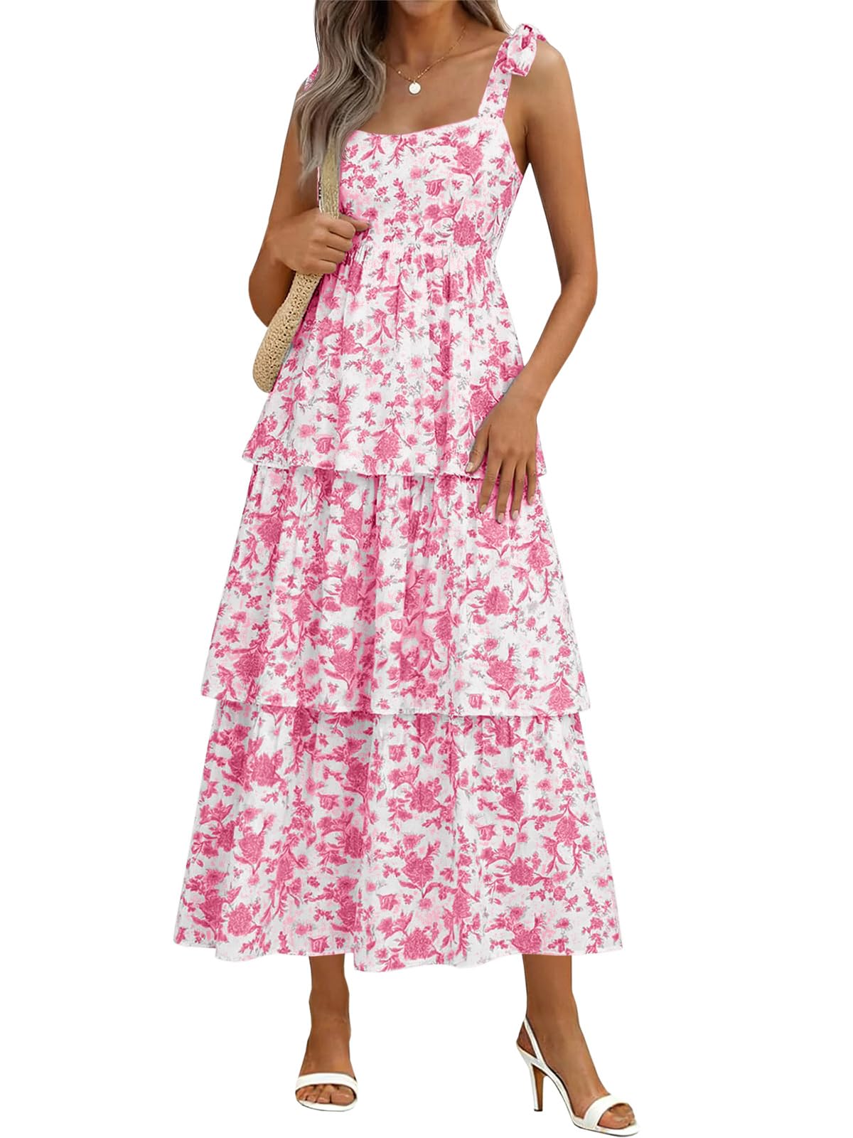Wenrine Womens Summer Floral Maxi Dress Sleeveless Ruffle Smocked Sundress