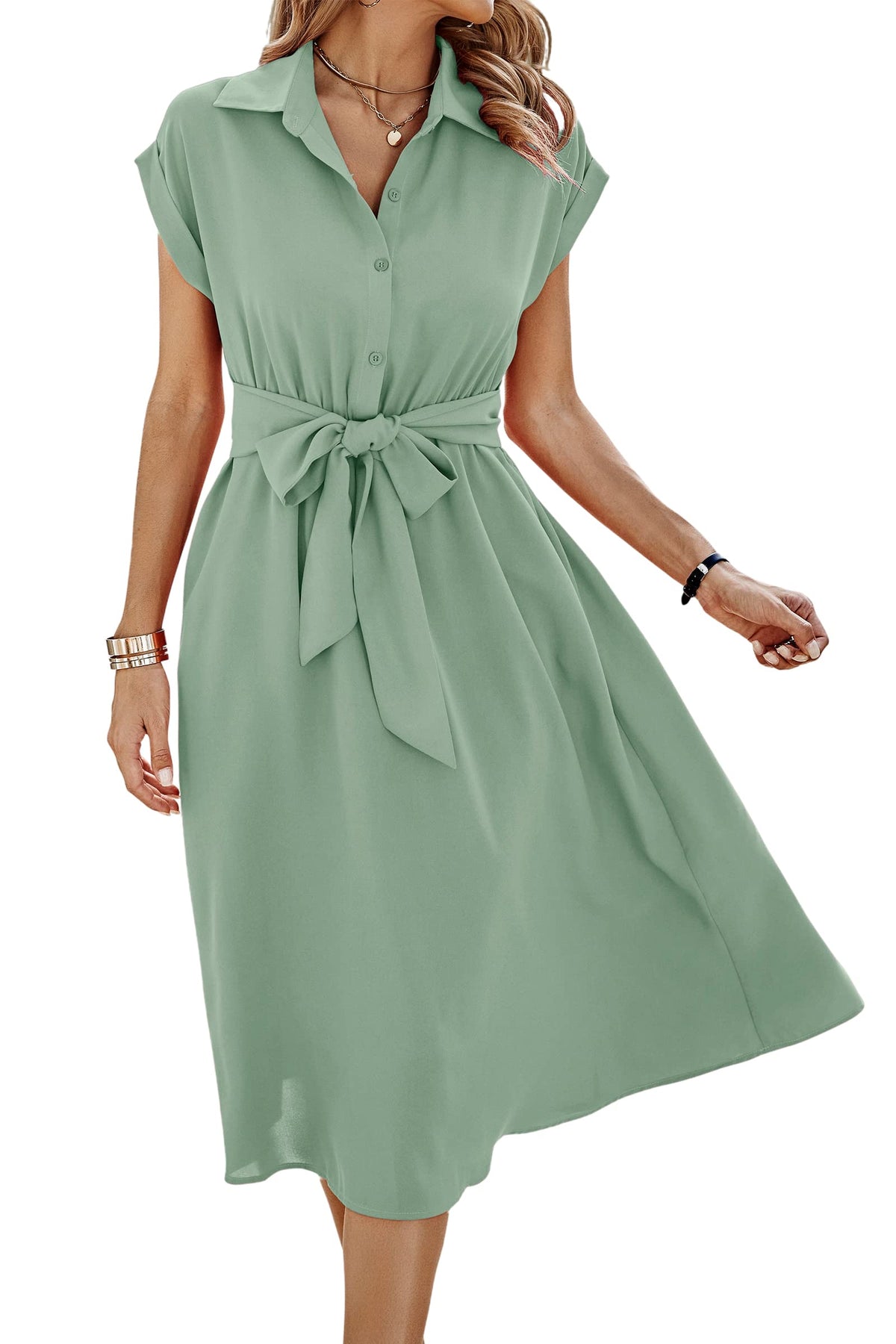 ECOWISH Womens Casual Midi Dresses Solid V Neck Short Sleeve Button Shirt Belted Dress with Pockets for Spring Summer 2026