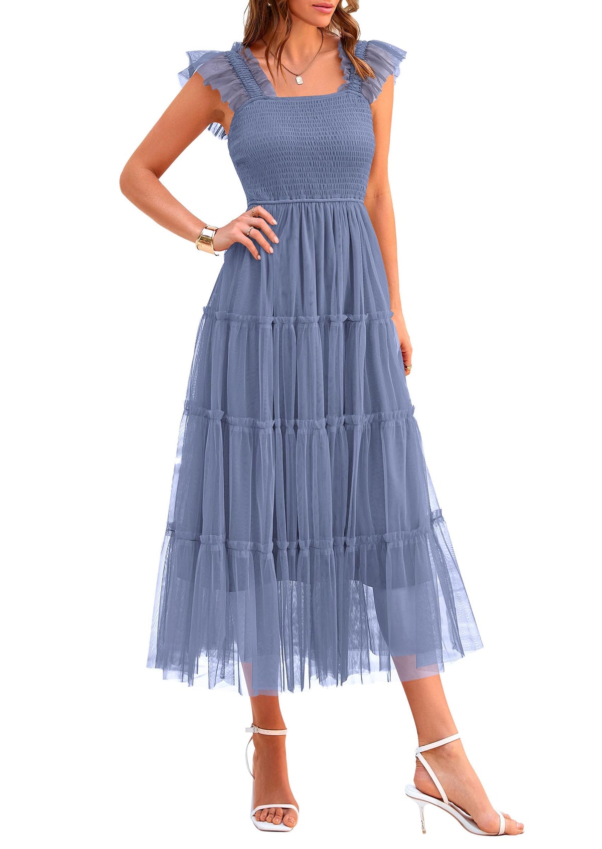 PRETTYGARDEN Women's Summer Smocked Midi Tulle Dress