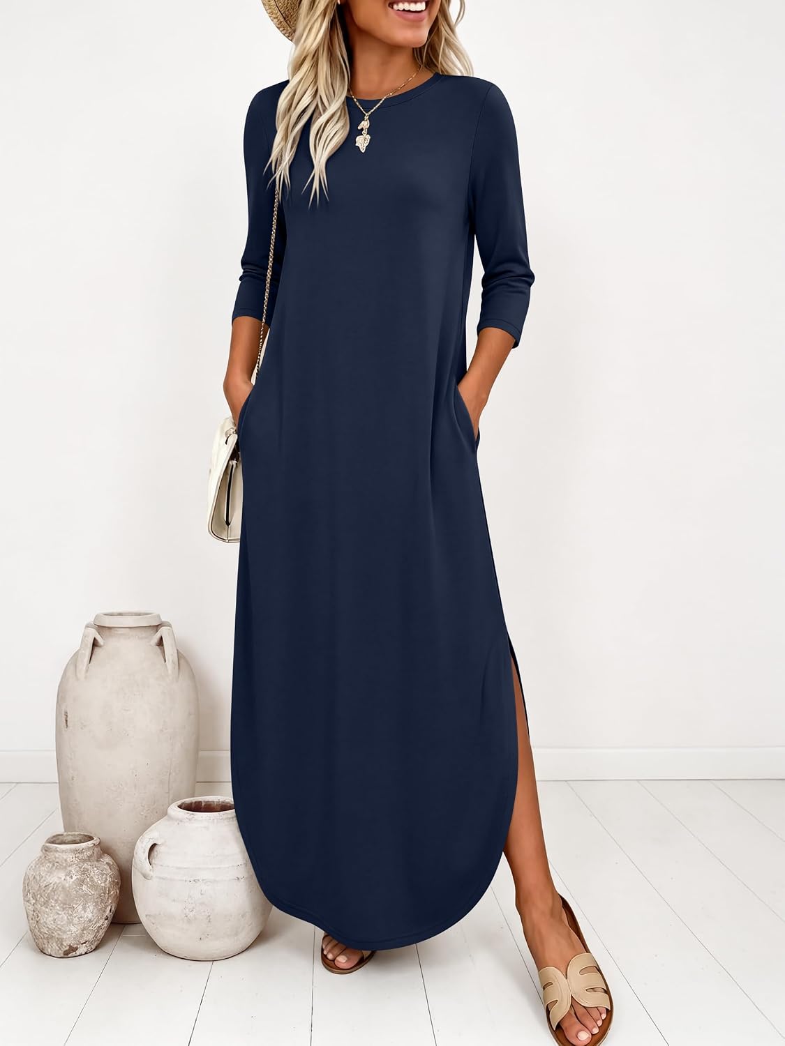ANRABESS Women’s Air Layer 3/4 Sleeve Fall Maxi Dress & Pockets