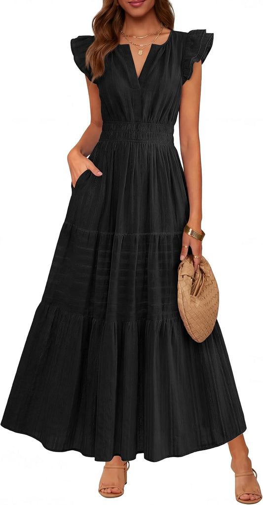 BTFBM Womens Summer Casual Ruffle Sleeve Maxi Dress