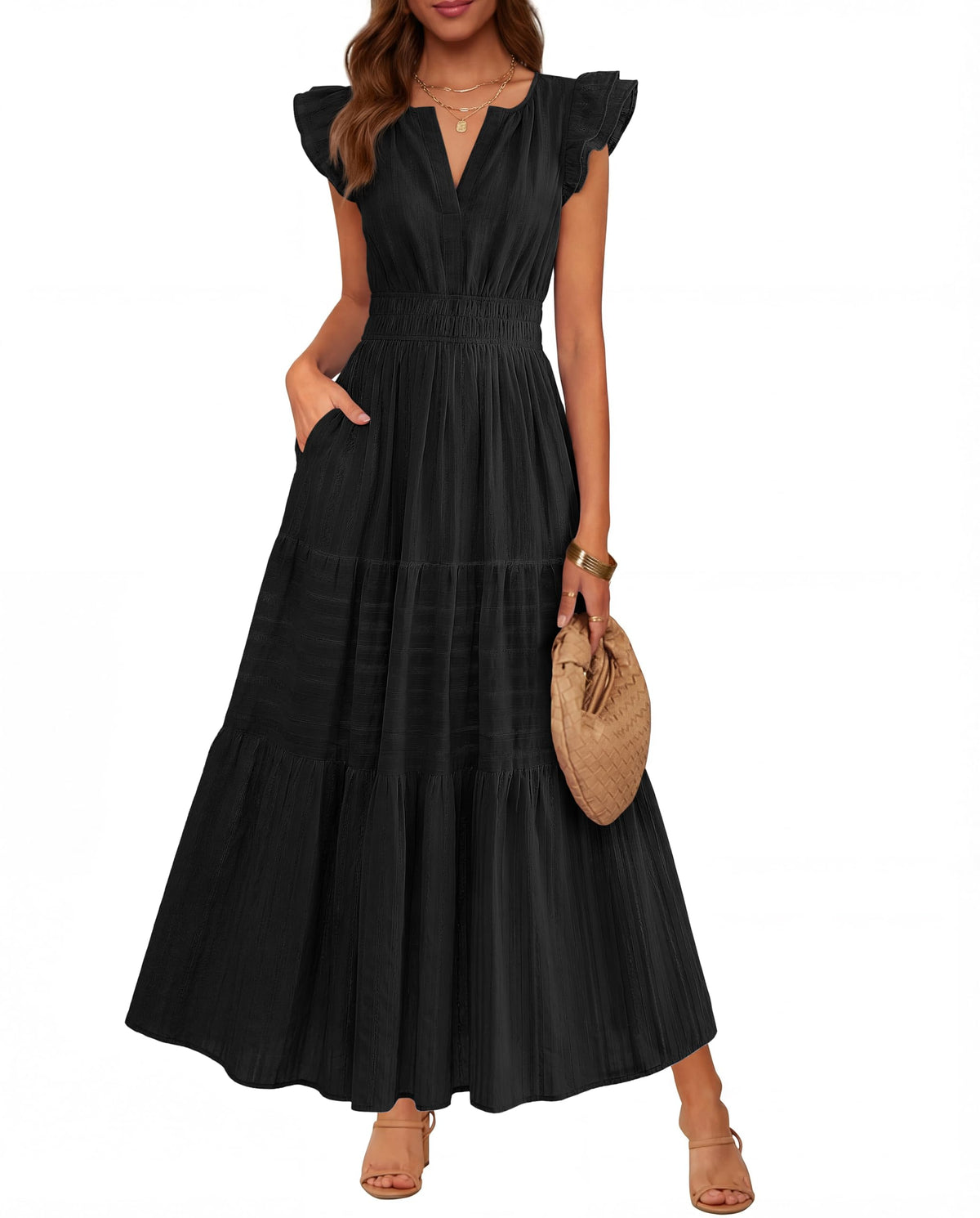 BTFBM Womens Summer Casual Ruffle Sleeve Maxi Dress