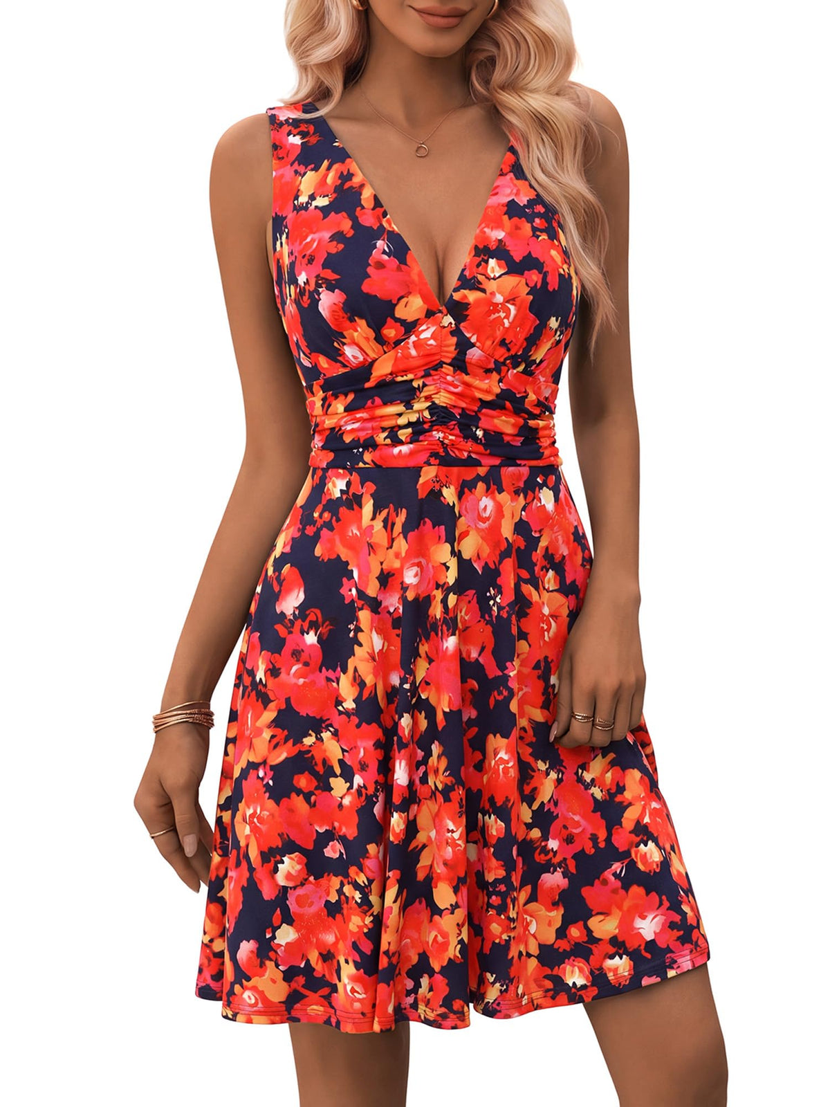 OURIN Women's Spring Deep V Neck Sleeveless Floral Sundresses with Pockets Flowy Summer Dresses for Women