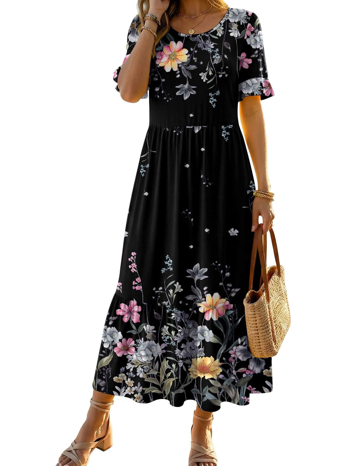 Zeagoo Womens Summer Dresses 2026 Casual Midi Dress Flowy Sundress Ruffle Short Sleeve Tiered Dresses A Line Boho Dress