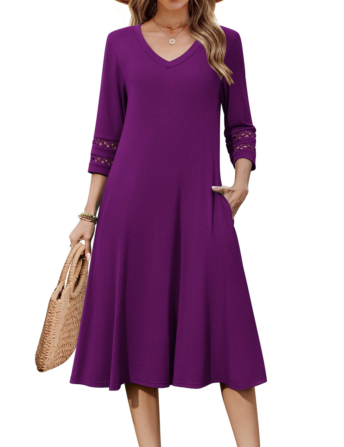 Zeagoo Women's Dresses 3/4 Sleeve Casual V-Neck A Line Eyelet Midi Dress