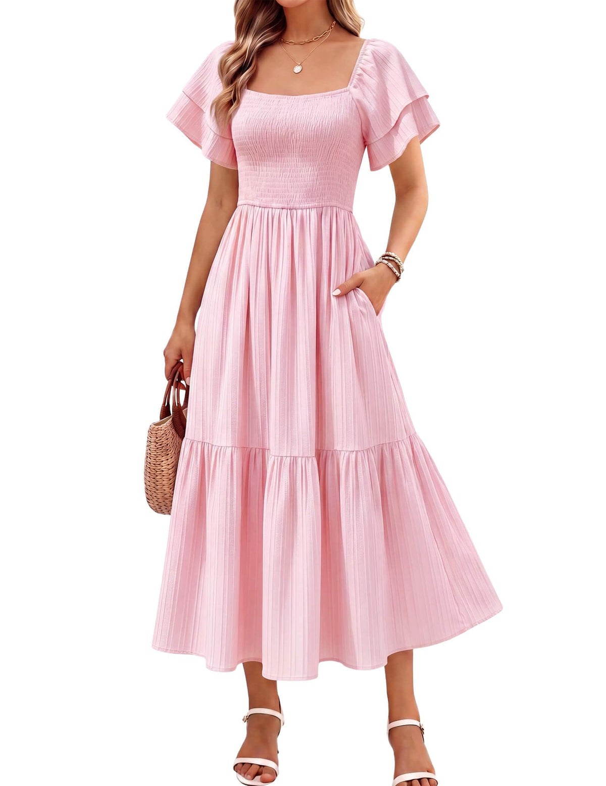 Women's Summer Midi Dress Short Sleeve Square Neck Off Shoulder Ruffle Elastic High Waist Vacation Dress with Pockets