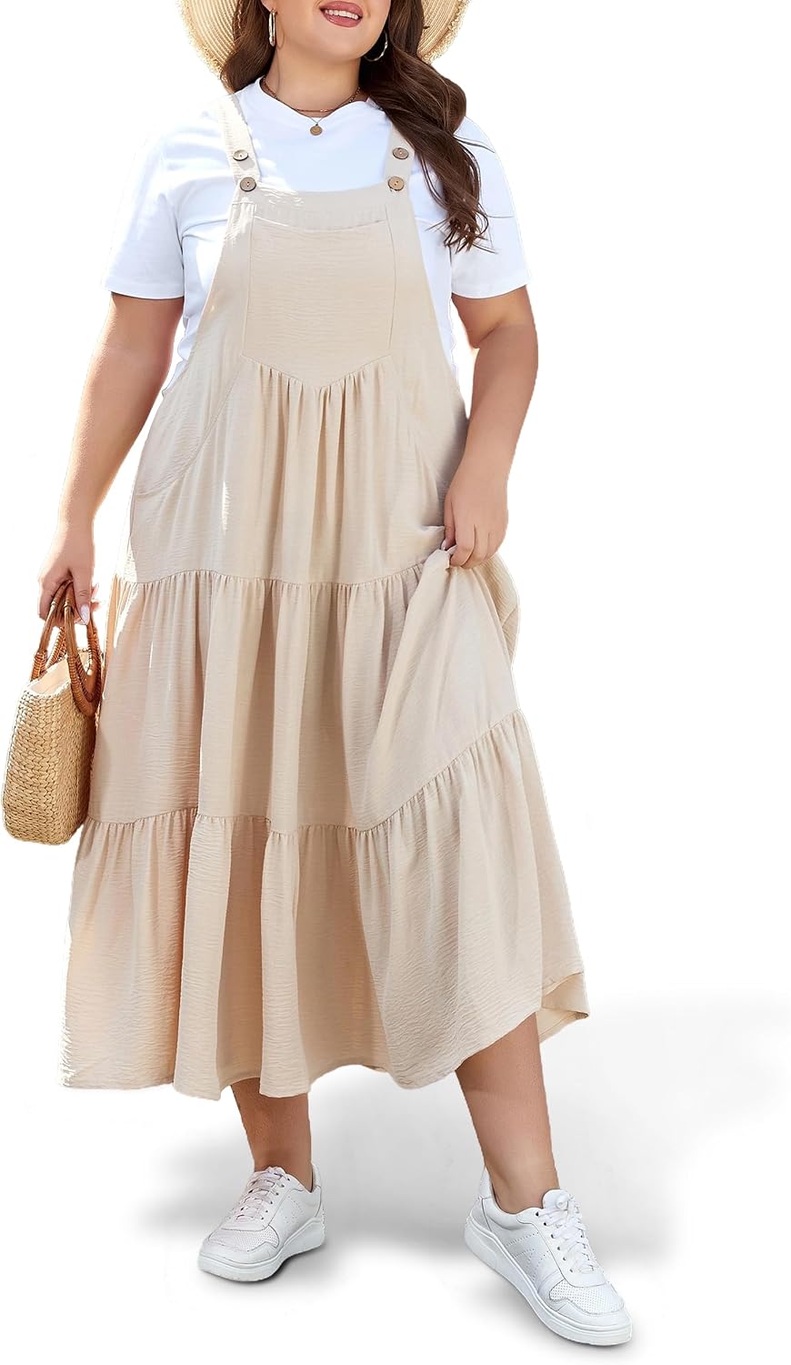 Moon Wood Plus Size Overall Dress for Women Summer Casual Maxi Dresses Jumper Dresses with Pockets Adjustable Straps