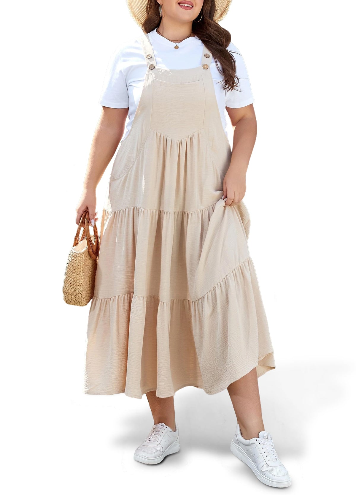 Moon Wood Plus Size Overall Dress for Women Summer Casual Maxi Dresses Jumper Dresses with Pockets Adjustable Straps