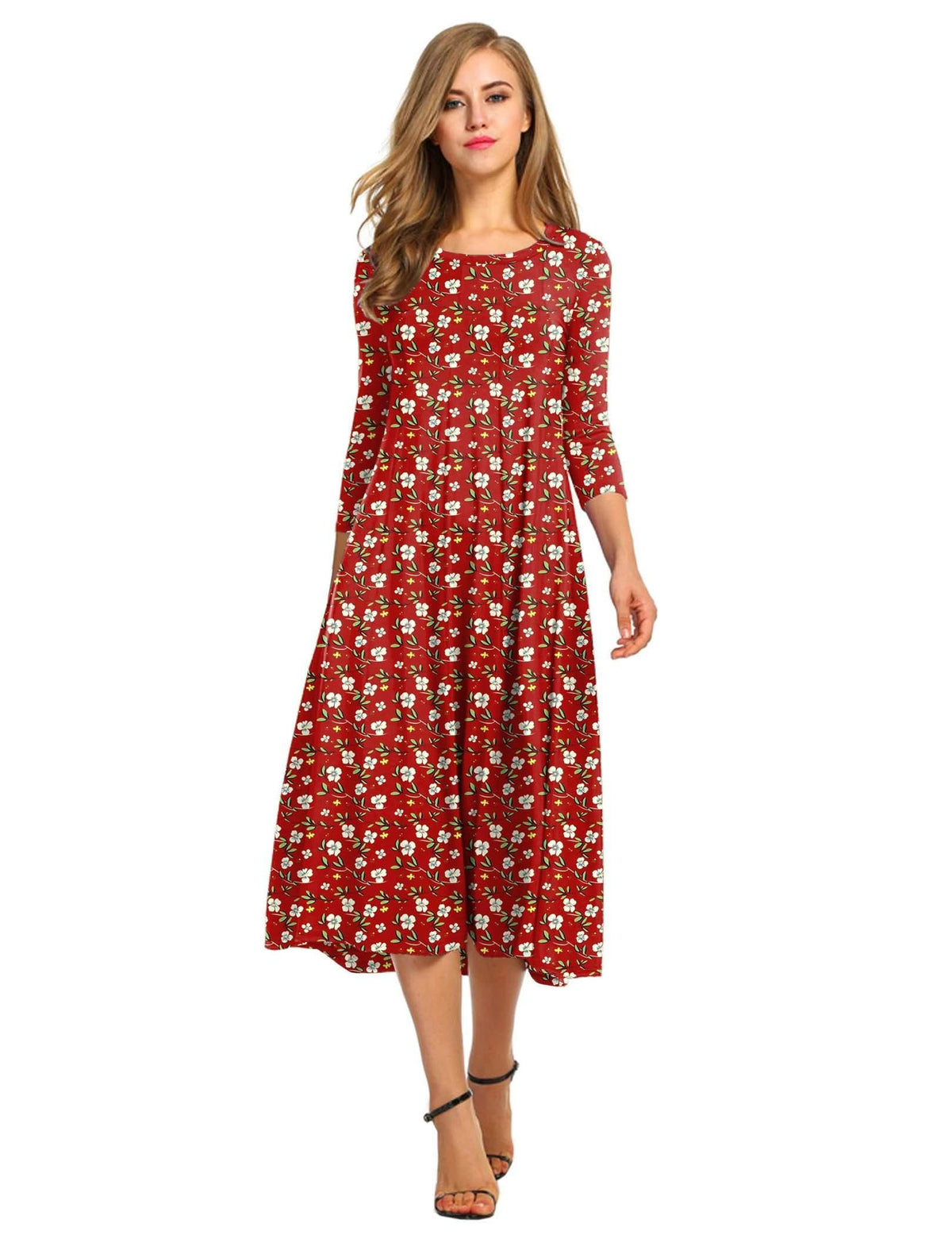 HOTOUCH Women's 3/4 Sleeve A-line and Flare Midi Long Dress