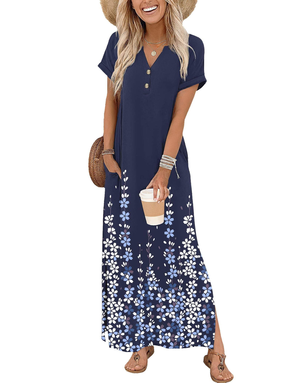 Zeagoo Summer Dresses for Women 2026 Maxi Dresses Vacation Sundress Short Sleeve Casual Sundresses Split Dress with Pockets