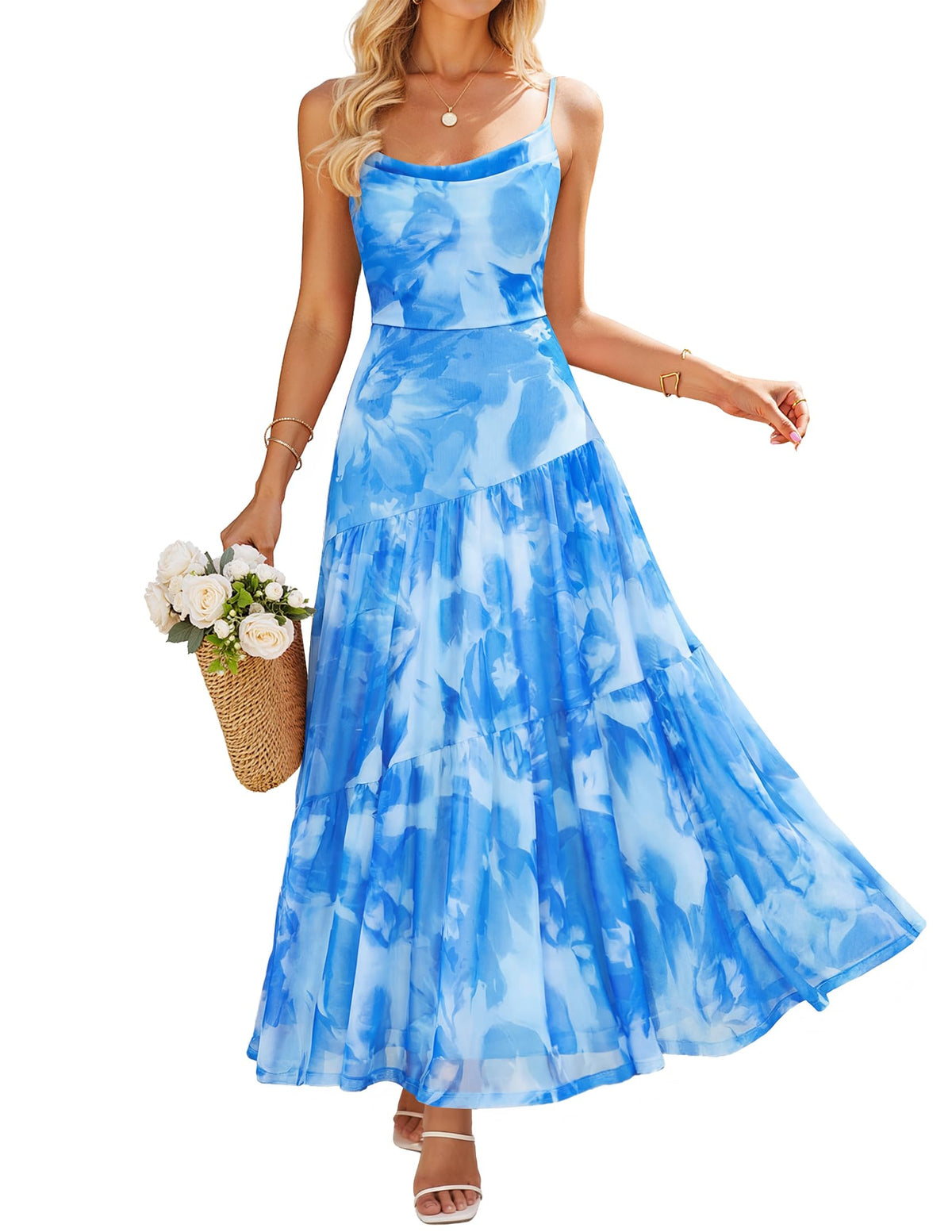 ZESICA Women's Summer Mesh Floral Sleeveless Wedding Guest Dress