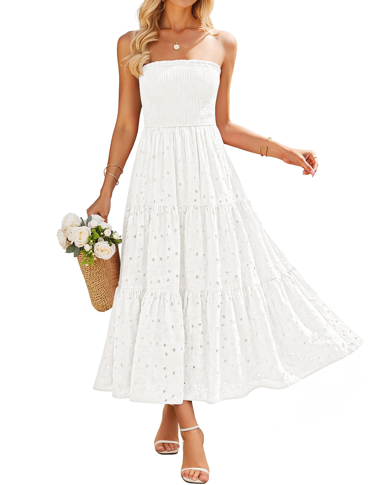 ZESICA Womens 2026 Summer Boho Strapless Smocked Midi Dresses