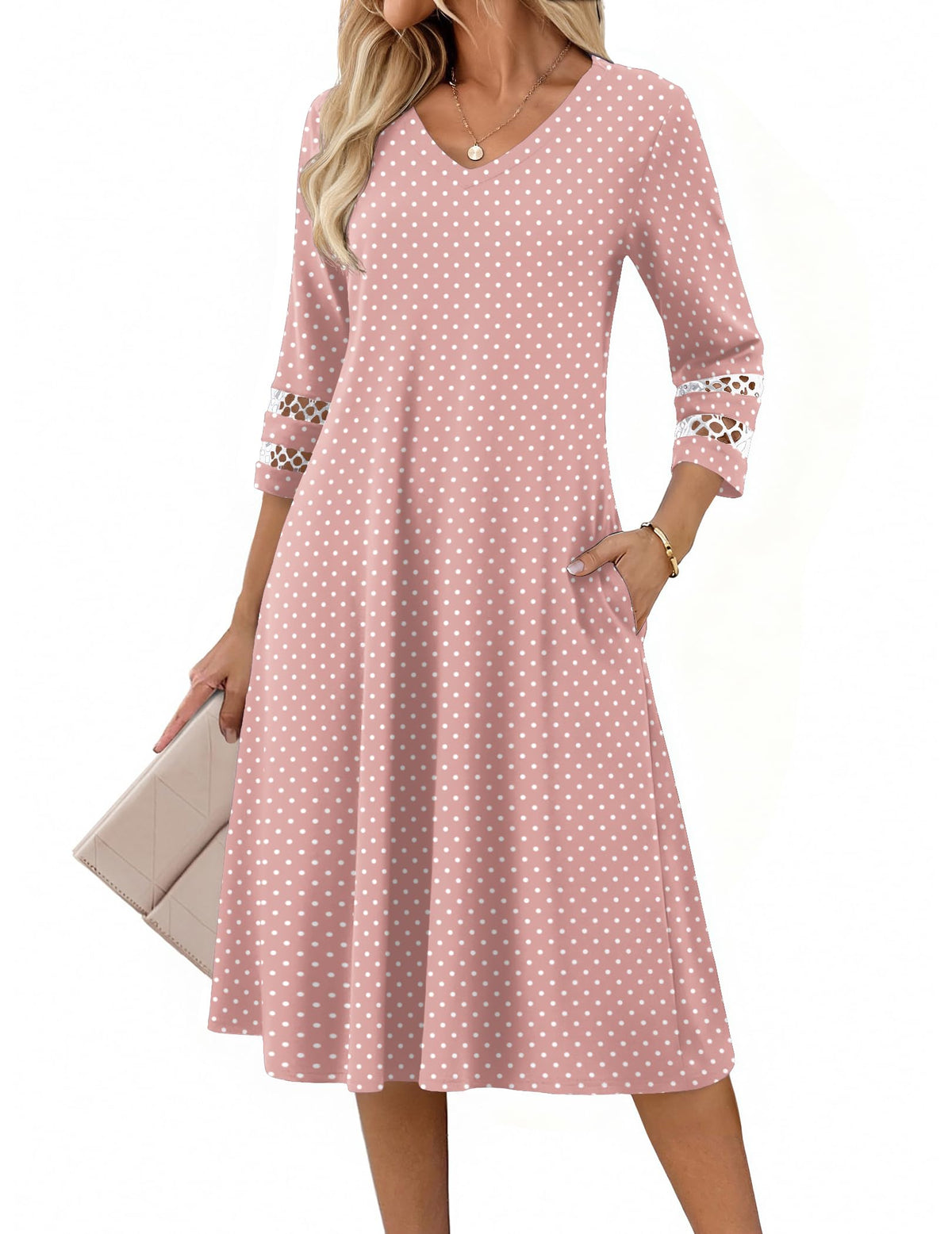 Zeagoo Women's Dresses 3/4 Sleeve Casual V-Neck A Line Eyelet Midi Dress