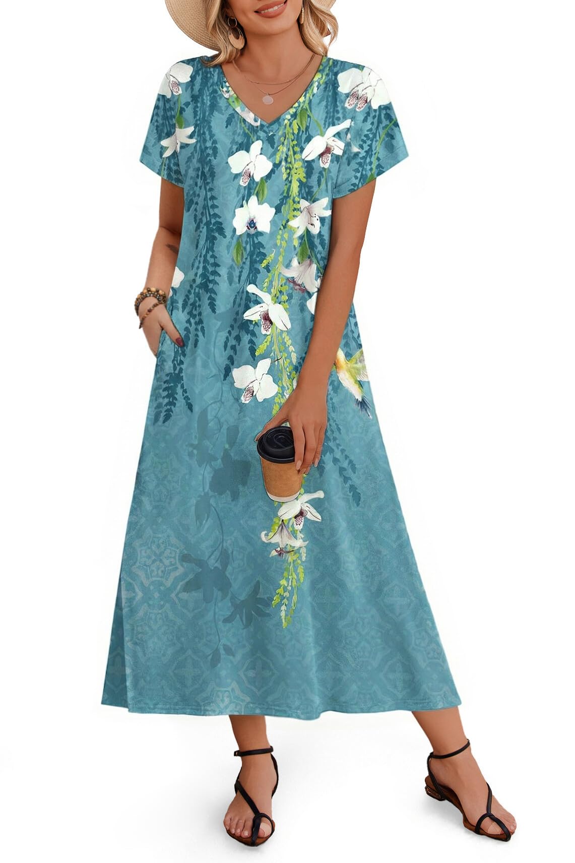 Zeagoo Women Summer Floral Dress Short Sleeve Beach Dress with Pockets Casual V-Neck Split Long T-Shirt Dress Travel Vacation
