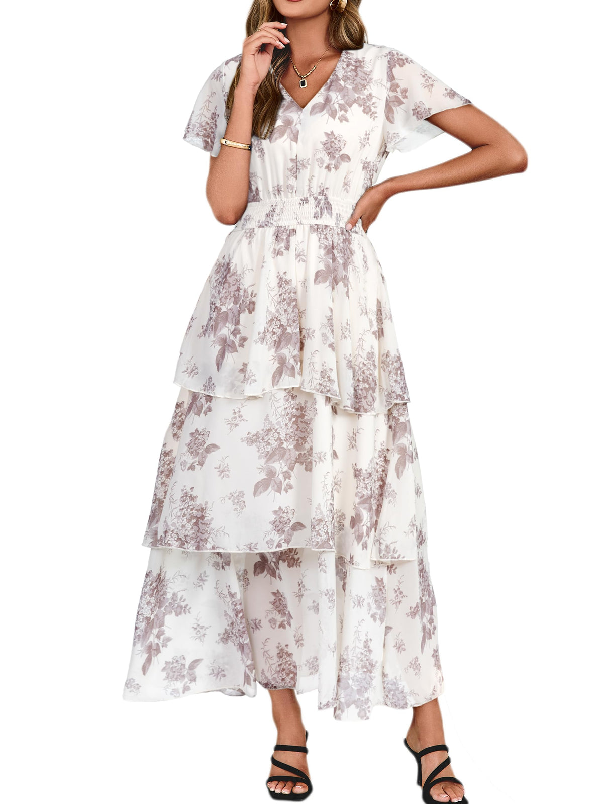 Simplee Women Floral Summer Maxi Dress Boho Flowy Ruffle Tiered Short Sleeves V Neck Long Wedding Guest Dresses