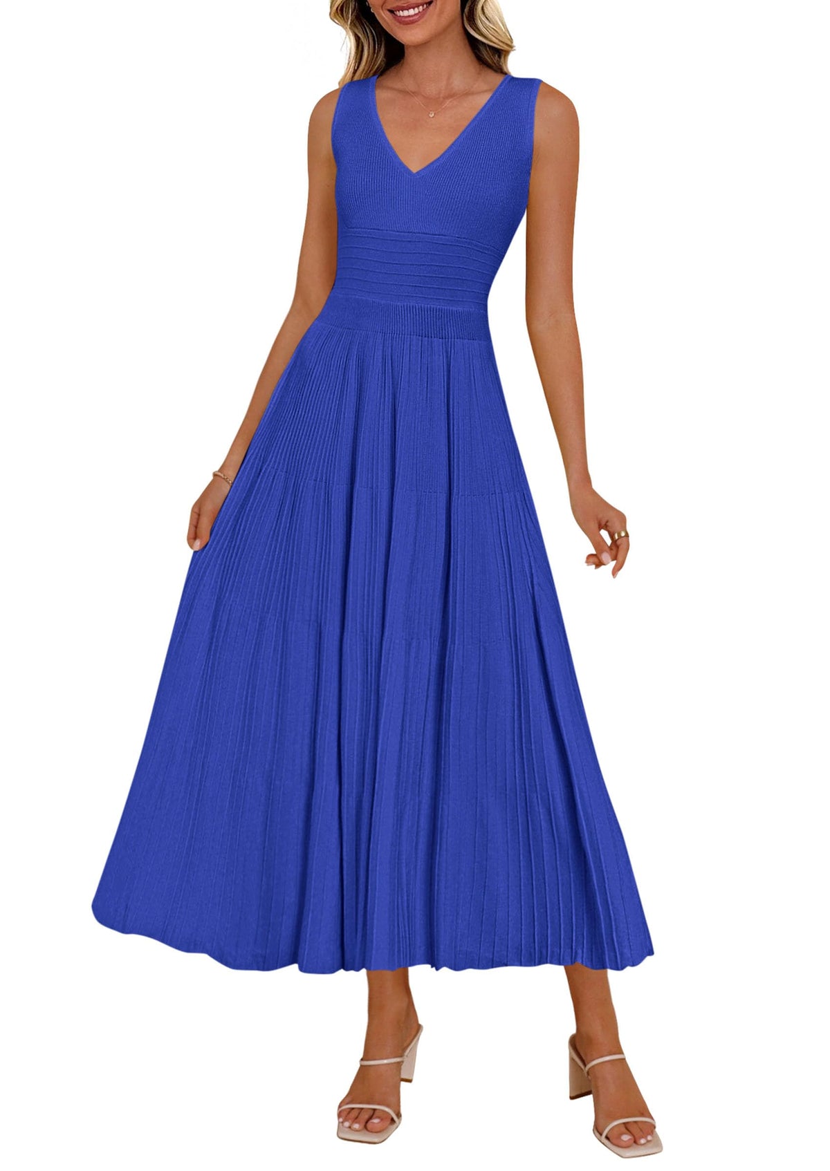 PRETTYGARDEN Women's Summer V Neck Pleated Midi Dress