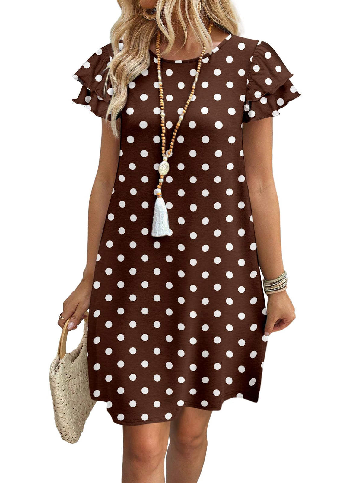 OFEEFAN Womens Summer Dresses 2026 Ruffle Sleeve Round Neck Loose Swing Sundresses with Pockets Plain/Print
