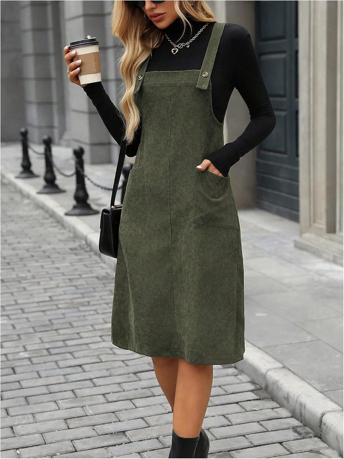SOLY HUX Women's Sleeveless Corduroy Overall Dress Knee Length Dresses