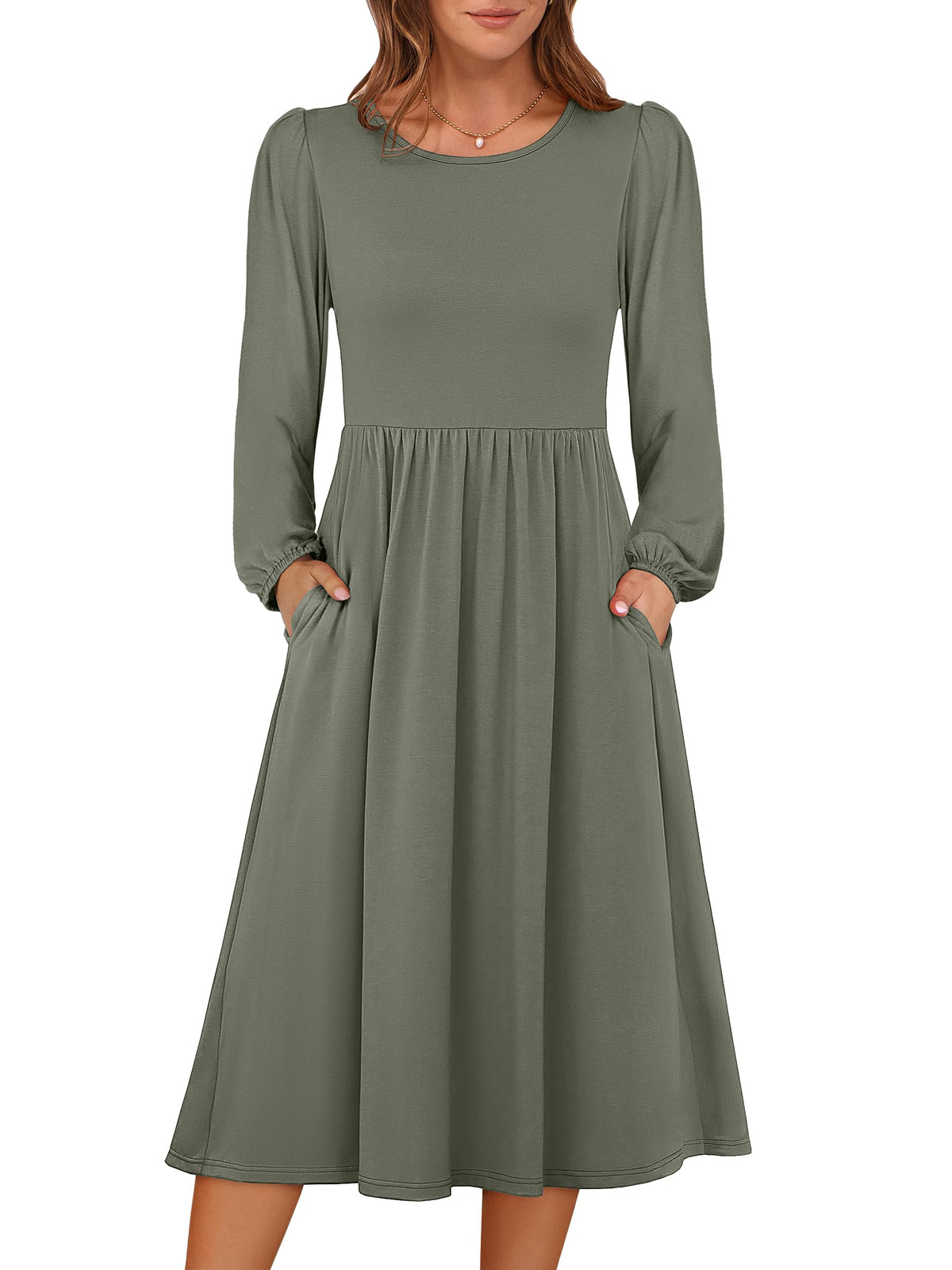 ANRABESS Women Long Sleeve Casual Fall Midi Dress Lightweight with Pockets