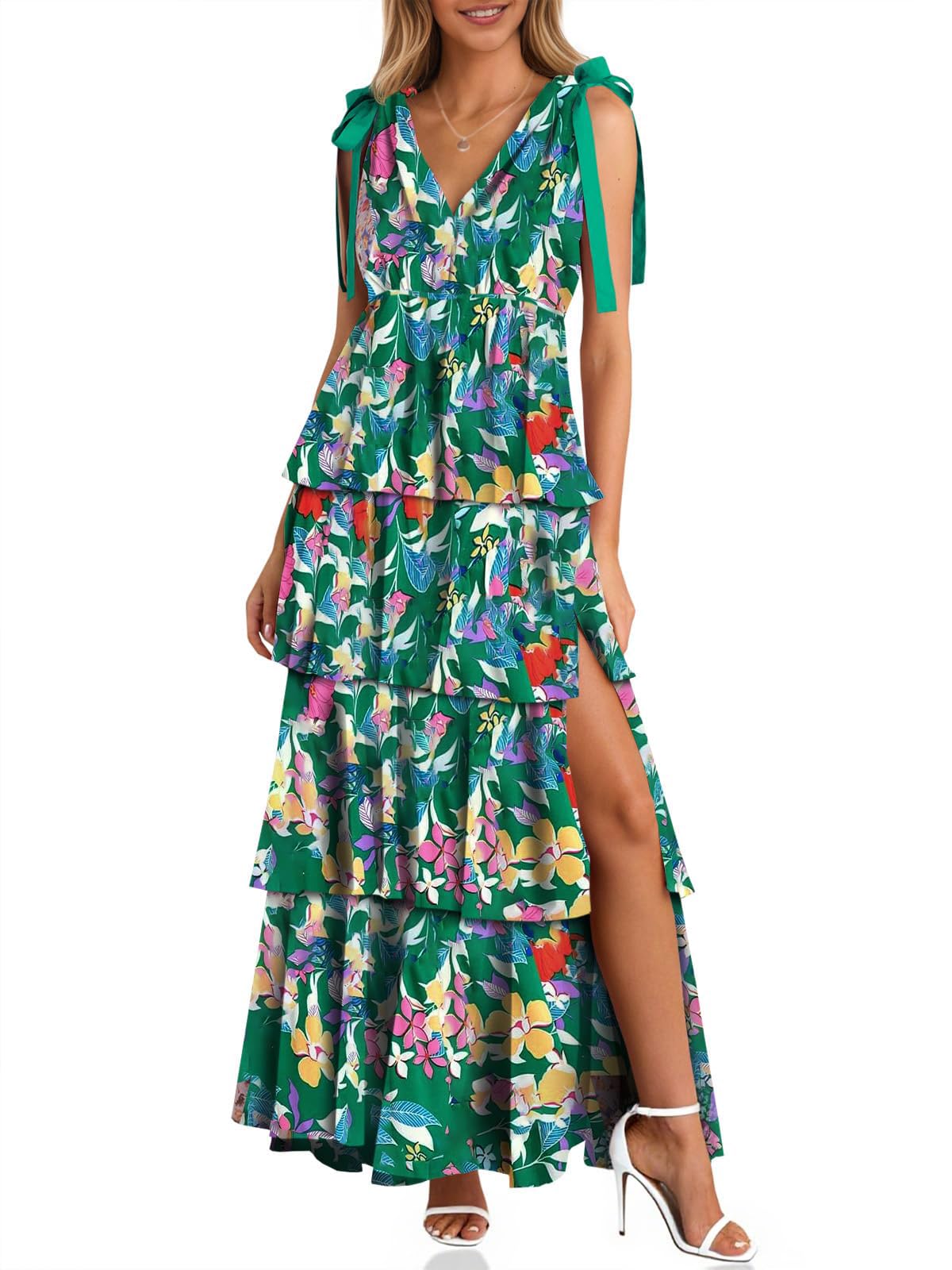Wenrine Womens Elegant Wedding Guest Dress Floral Ruffle Maxi Dresses