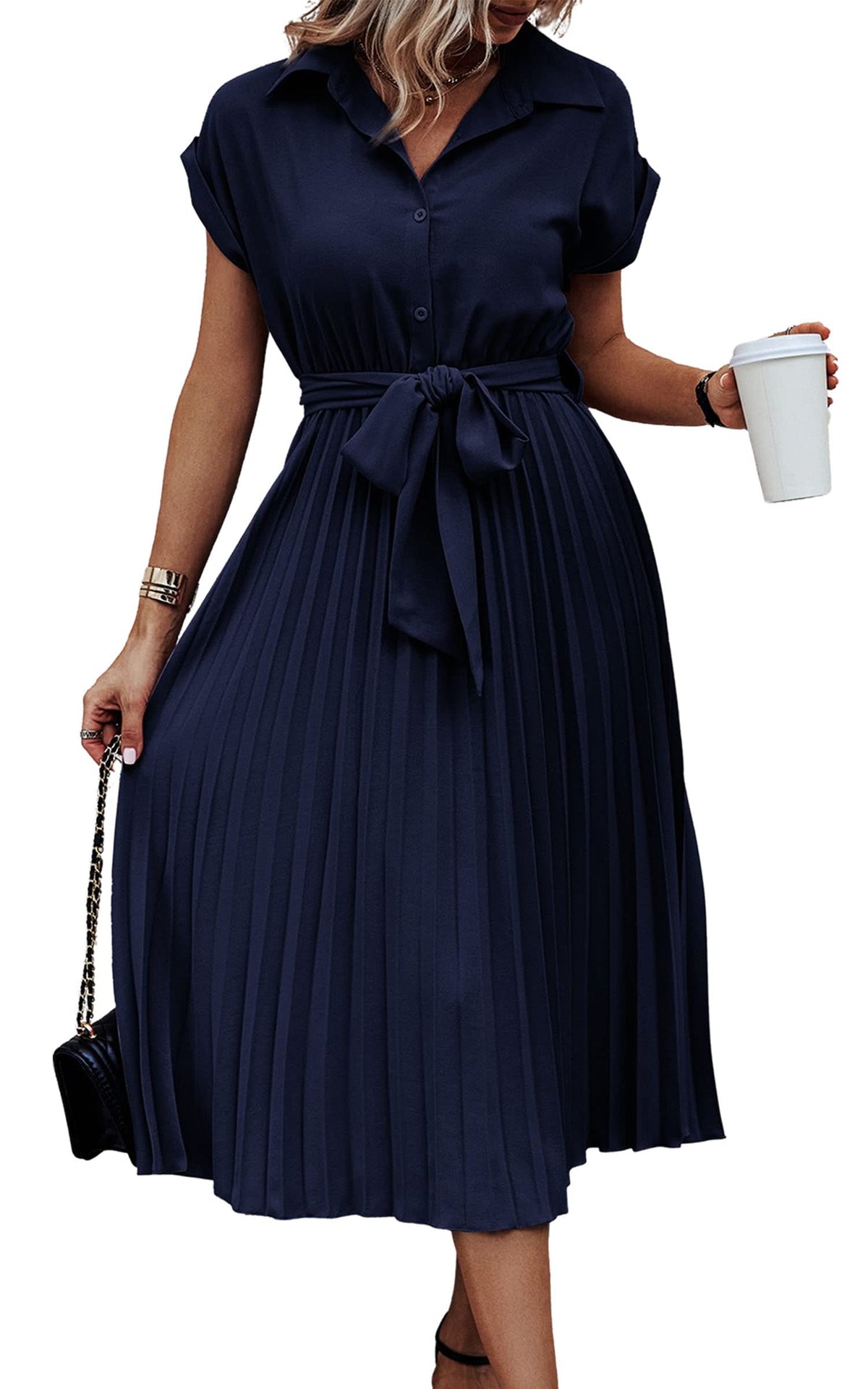ECOWISH Womens Casual Midi Dresses Solid V Neck Short Sleeve Button Shirt Belted Dress with Pockets for Spring Summer 2026