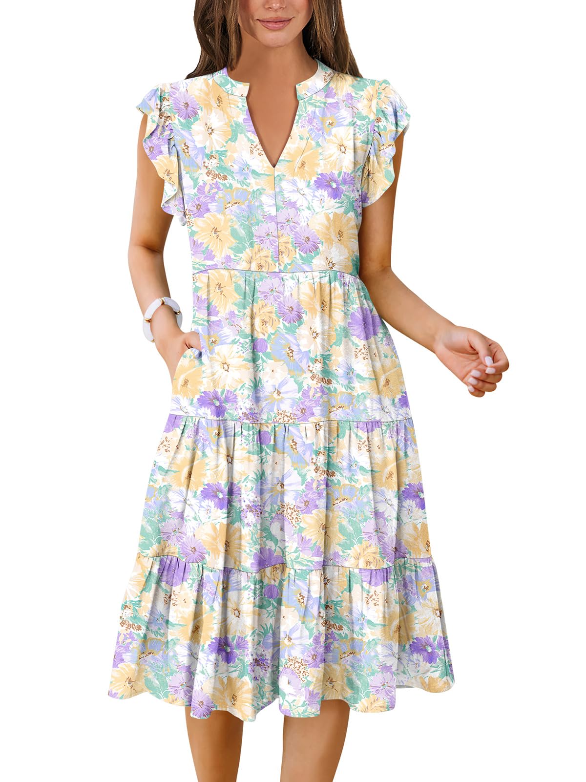 ANRABESS Womens Summer Dress Ruffle Sleeve V Neck Midi Dresses