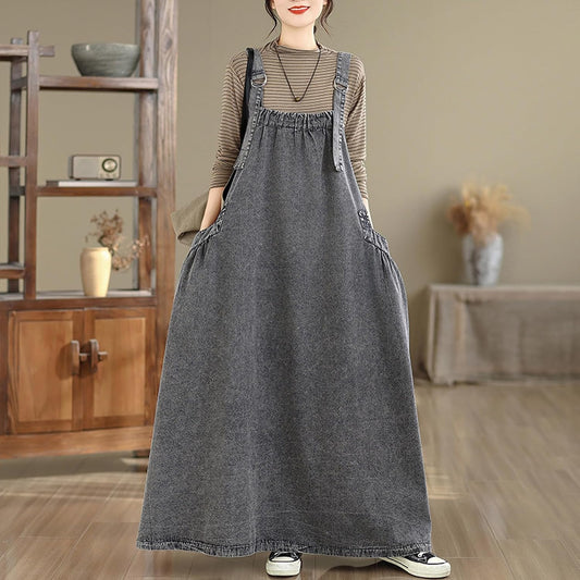 Women's Casual Loose Denim Dress Sleeveless Adjustable Straps Denim Jumper Dress with Pockets